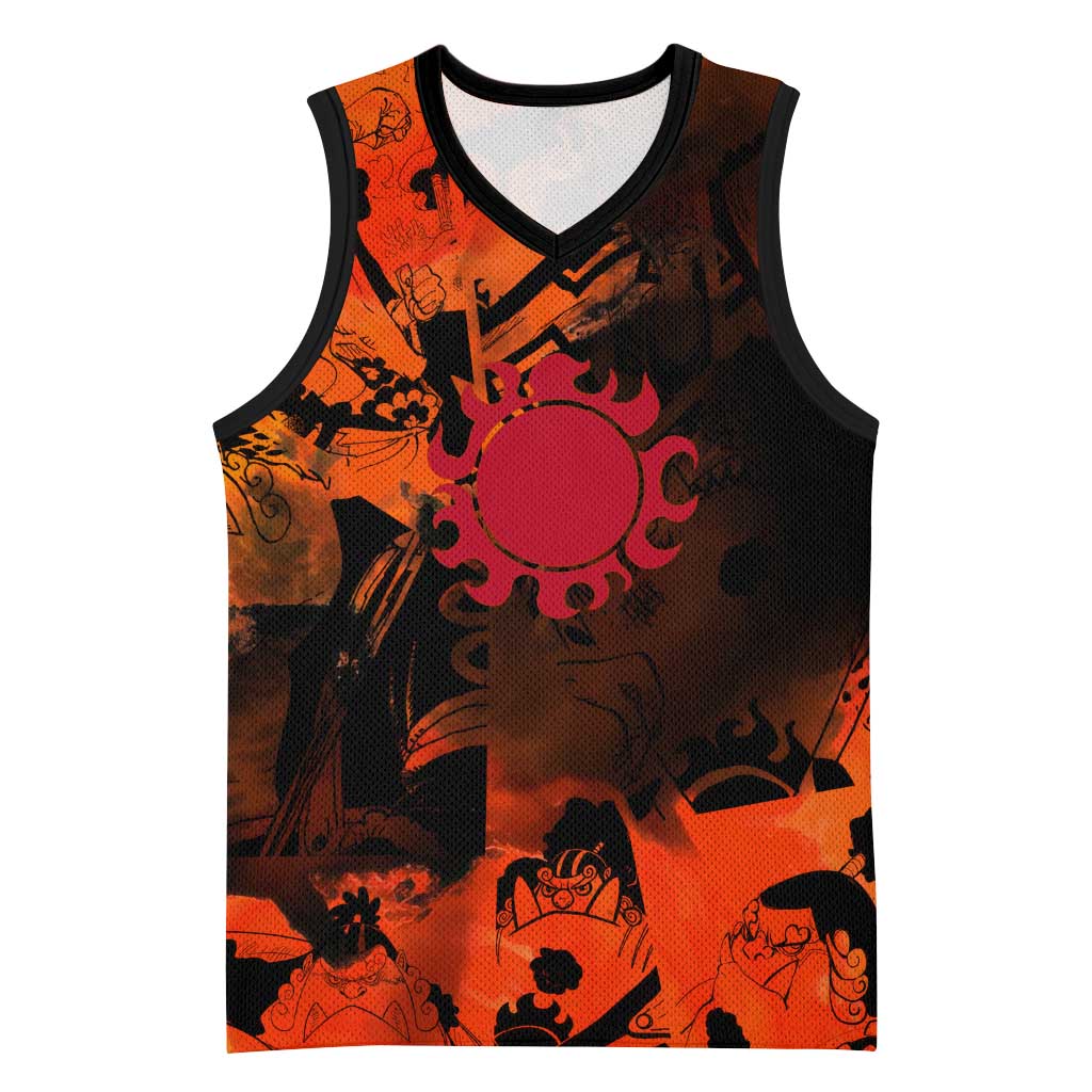 Jinbe One Piece Red and Black Theme Basketball Jersey with Sun Pirates Emblem and Karate Pose Design - The Mazicc