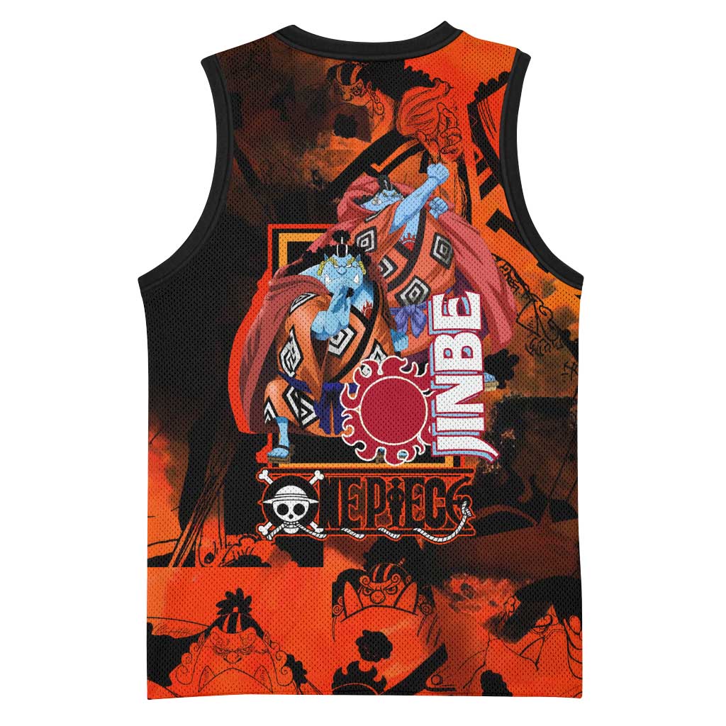 Jinbe One Piece Red and Black Theme Basketball Jersey with Sun Pirates Emblem and Karate Pose Design - The Mazicc