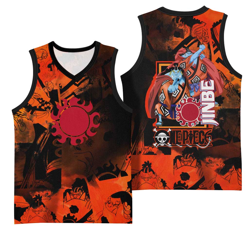 Jinbe One Piece Red and Black Theme Basketball Jersey with Sun Pirates Emblem and Karate Pose Design - The Mazicc