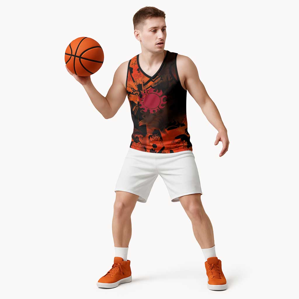 Jinbe One Piece Red and Black Theme Basketball Jersey with Sun Pirates Emblem and Karate Pose Design - The Mazicc