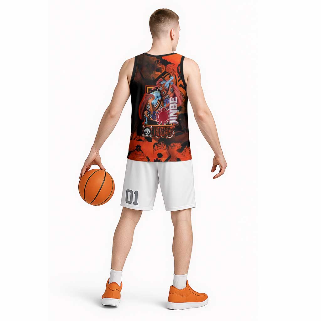 Jinbe One Piece Red and Black Theme Basketball Jersey with Sun Pirates Emblem and Karate Pose Design - The Mazicc