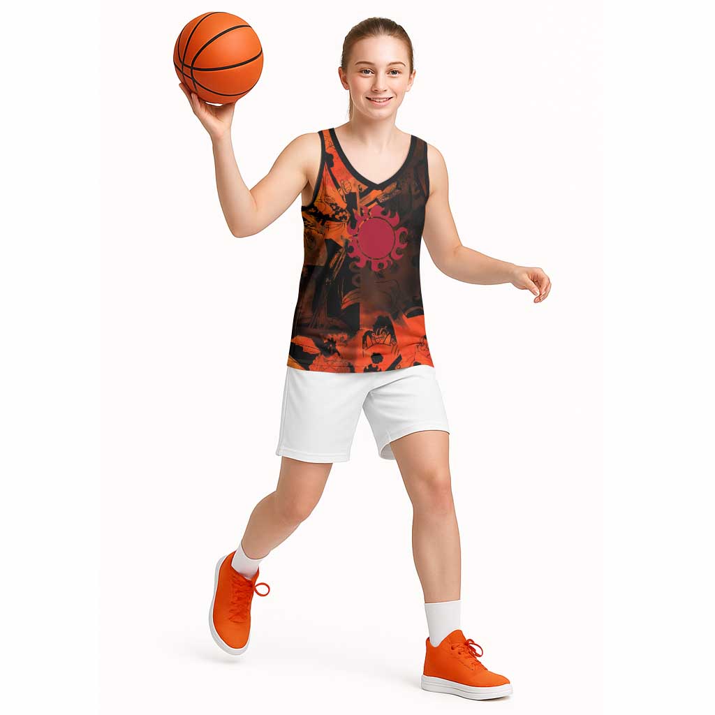 Jinbe One Piece Red and Black Theme Basketball Jersey with Sun Pirates Emblem and Karate Pose Design - The Mazicc