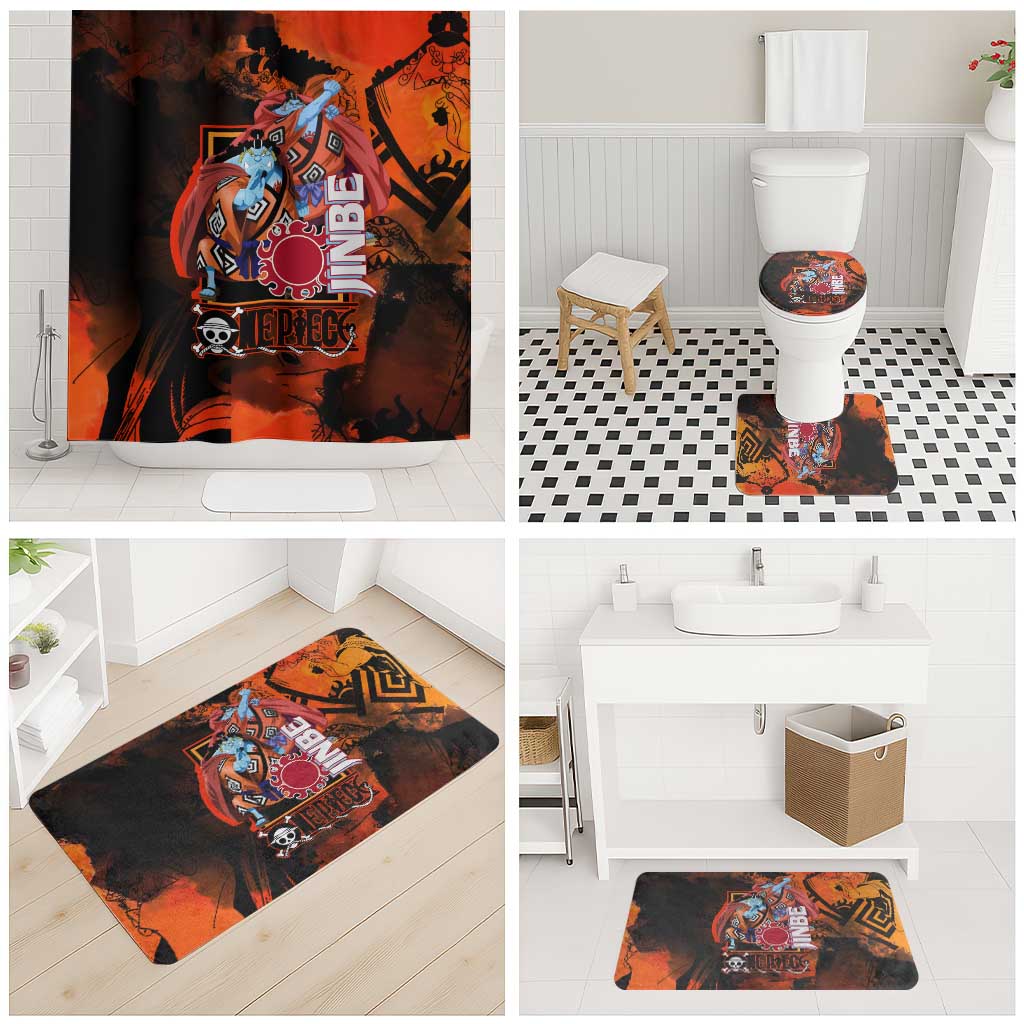 Jinbe One Piece Red and Black Theme Bathroom Set with Sun Pirates Emblem and Karate Pose Design - The Mazicc