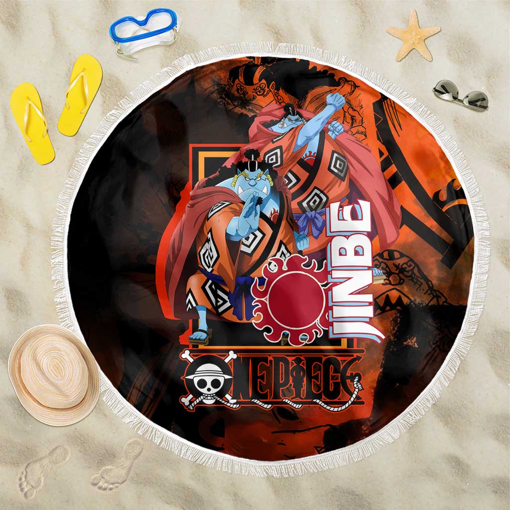 Jinbe One Piece Red and Black Theme Beach Blanket with Sun Pirates Emblem and Karate Pose Design - The Mazicc