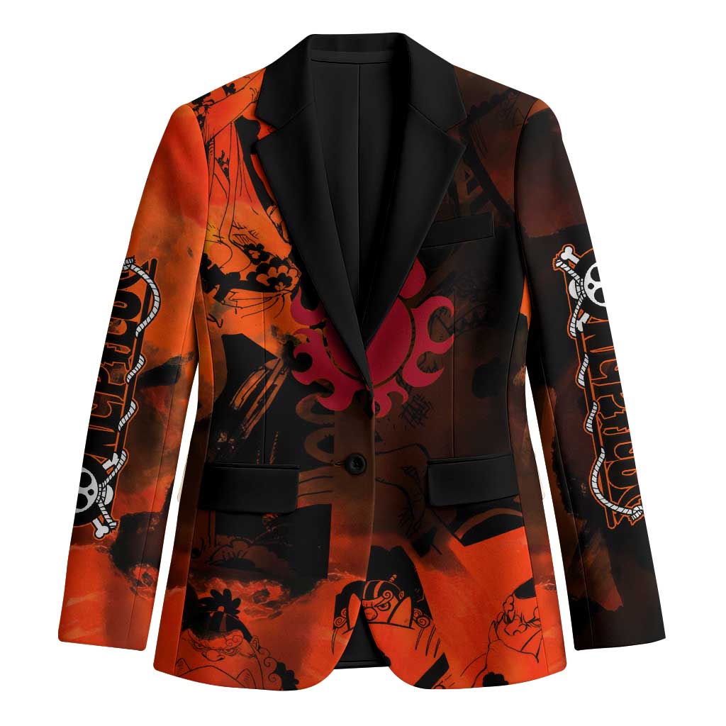 Jinbe One Piece Red and Black Theme Blazer with Sun Pirates Emblem and Karate Pose Design - The Mazicc
