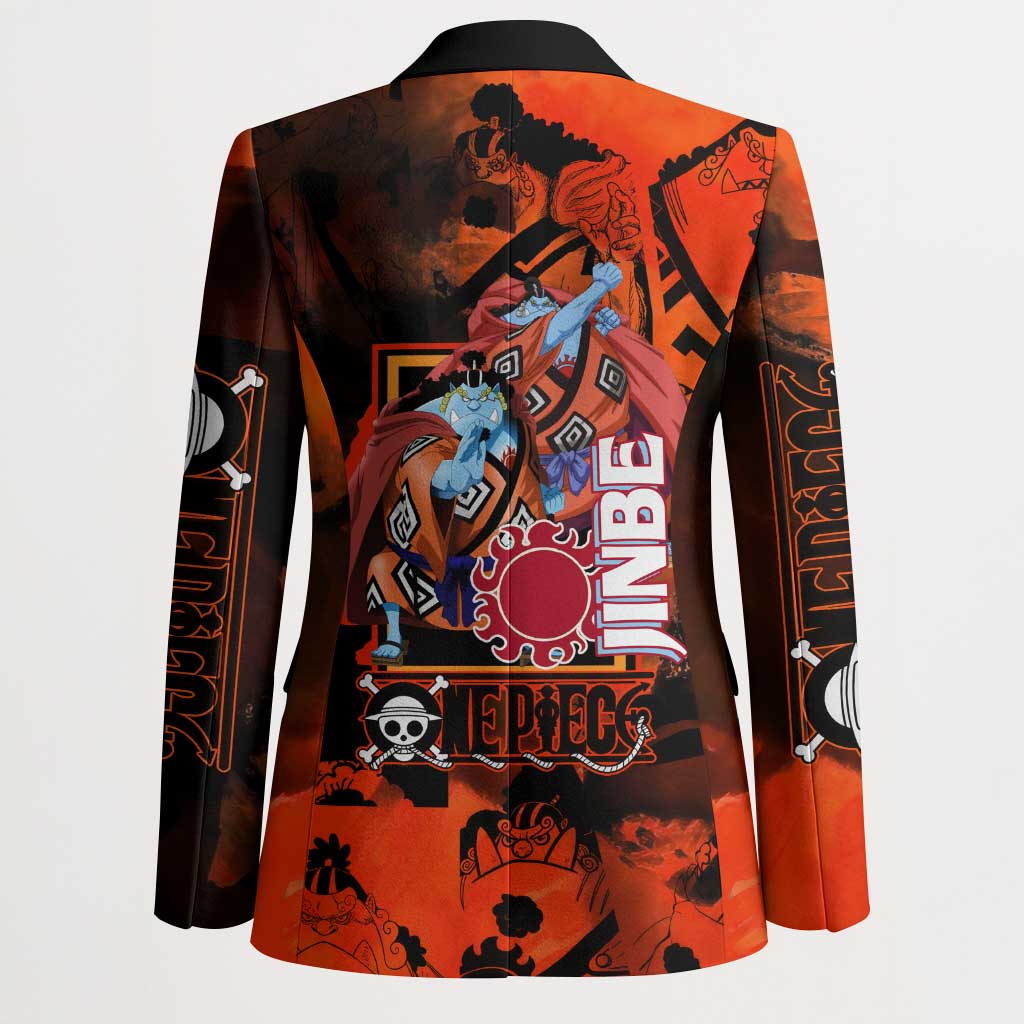 Jinbe One Piece Red and Black Theme Blazer with Sun Pirates Emblem and Karate Pose Design - The Mazicc