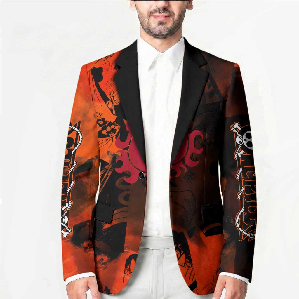 Jinbe One Piece Red and Black Theme Blazer with Sun Pirates Emblem and Karate Pose Design - The Mazicc
