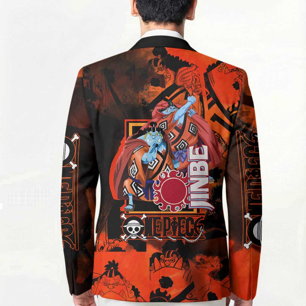 Jinbe One Piece Red and Black Theme Blazer with Sun Pirates Emblem and Karate Pose Design - The Mazicc
