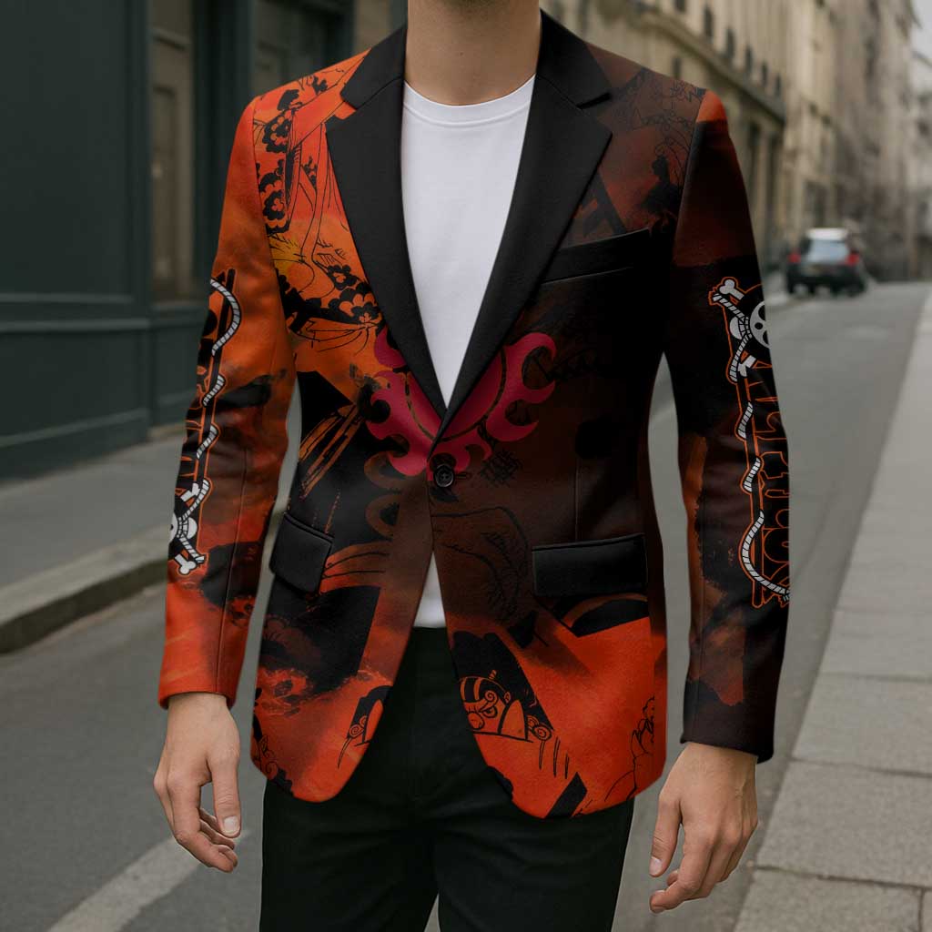Jinbe One Piece Red and Black Theme Blazer with Sun Pirates Emblem and Karate Pose Design - The Mazicc