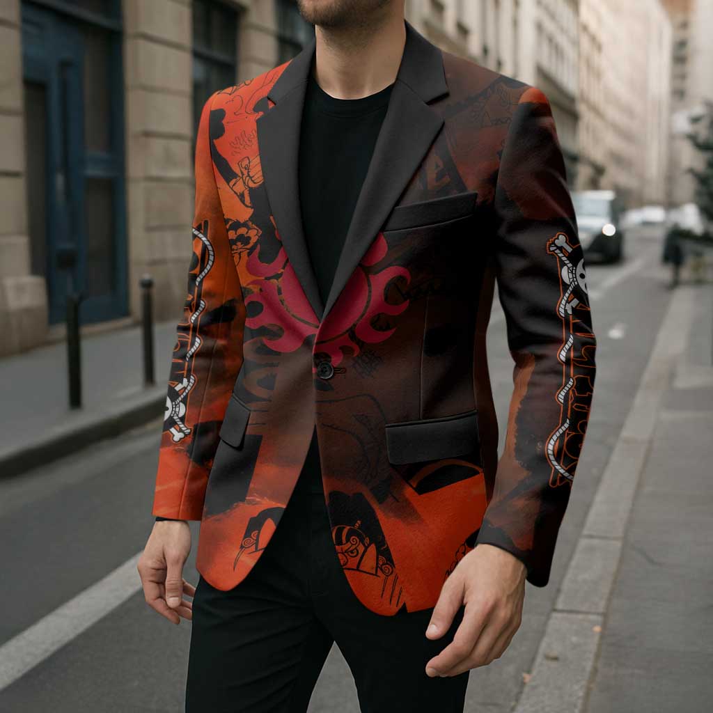 Jinbe One Piece Red and Black Theme Blazer with Sun Pirates Emblem and Karate Pose Design - The Mazicc