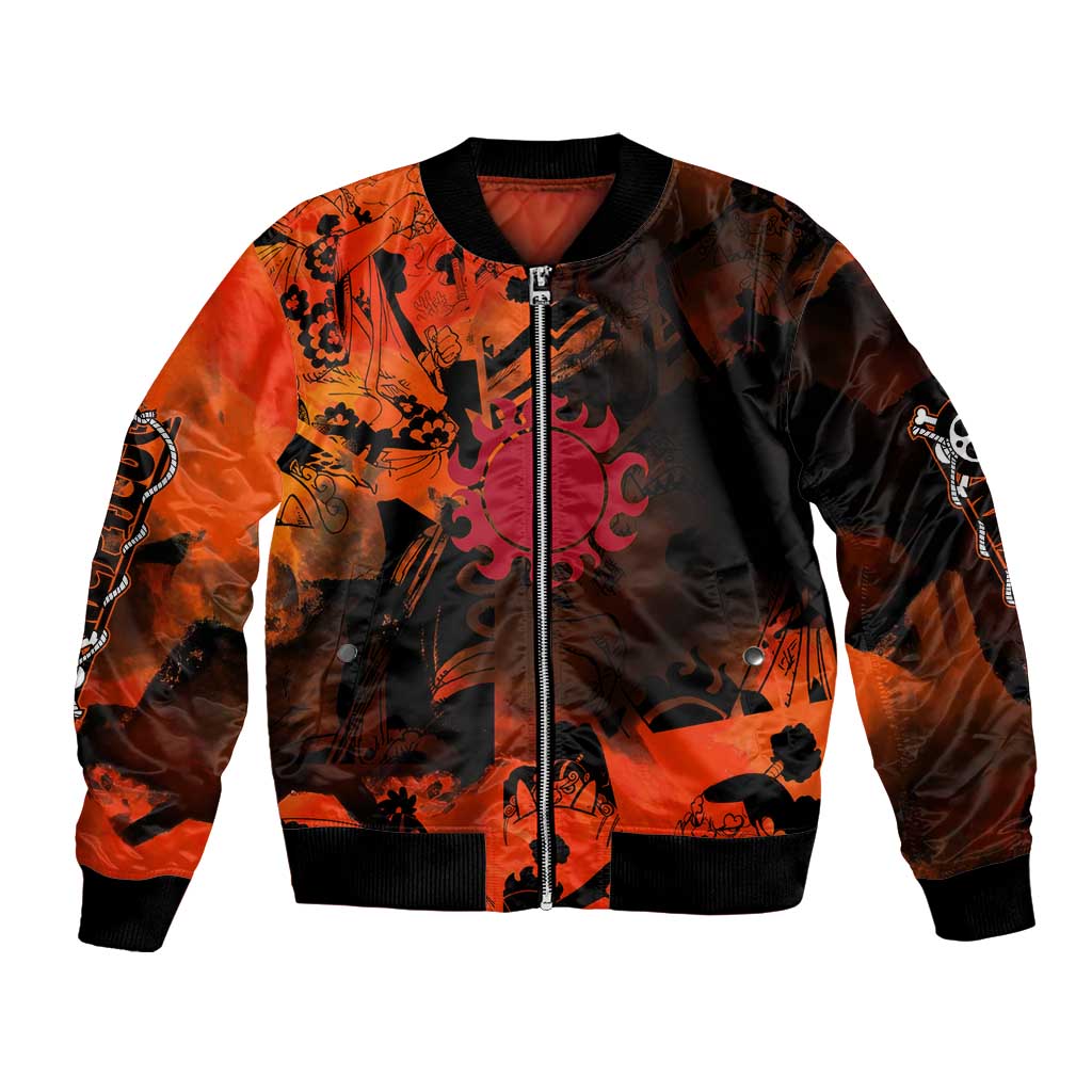 Jinbe One Piece Red and Black Theme Bomber Jacket with Sun Pirates Emblem and Karate Pose Design - The Mazicc