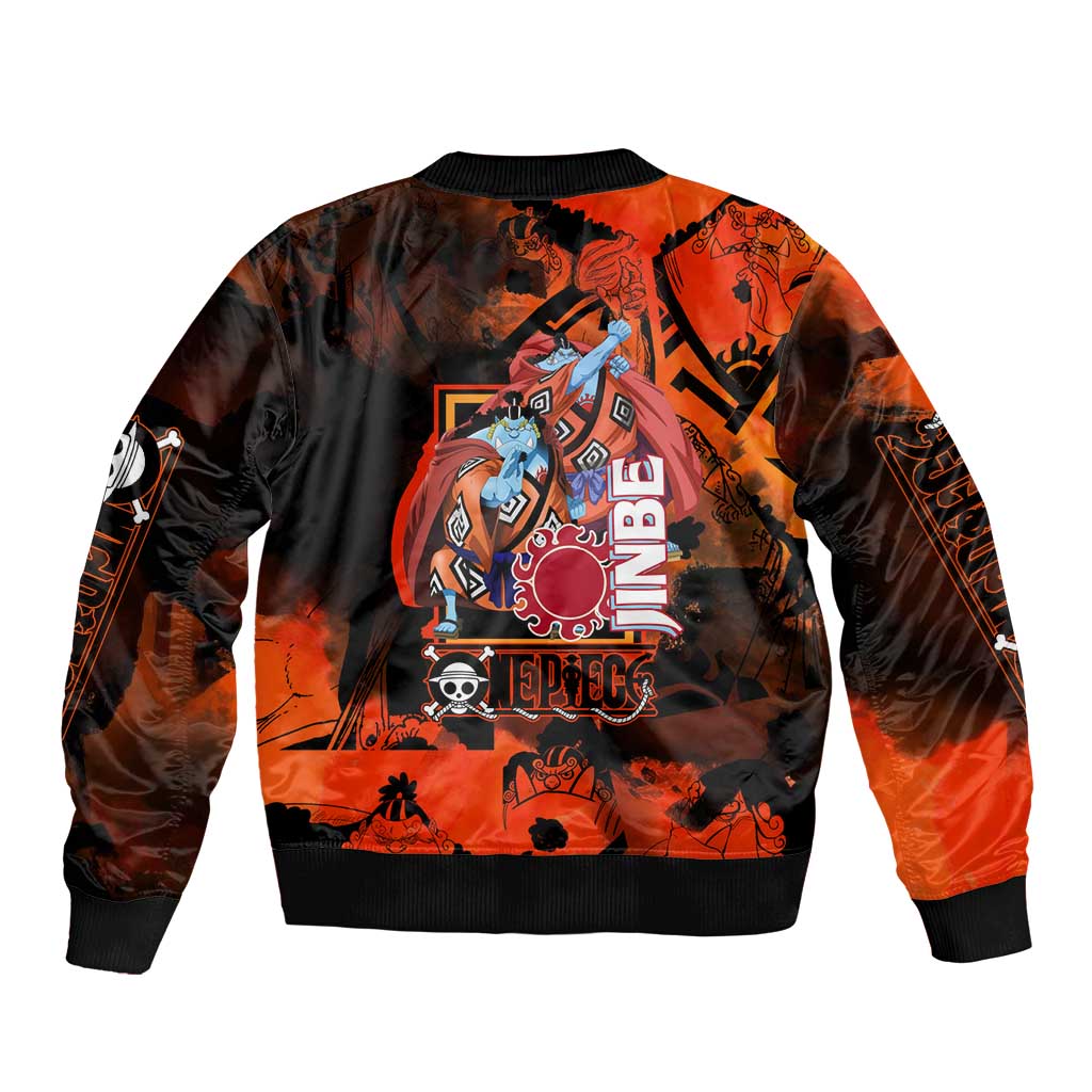 Jinbe One Piece Red and Black Theme Bomber Jacket with Sun Pirates Emblem and Karate Pose Design - The Mazicc