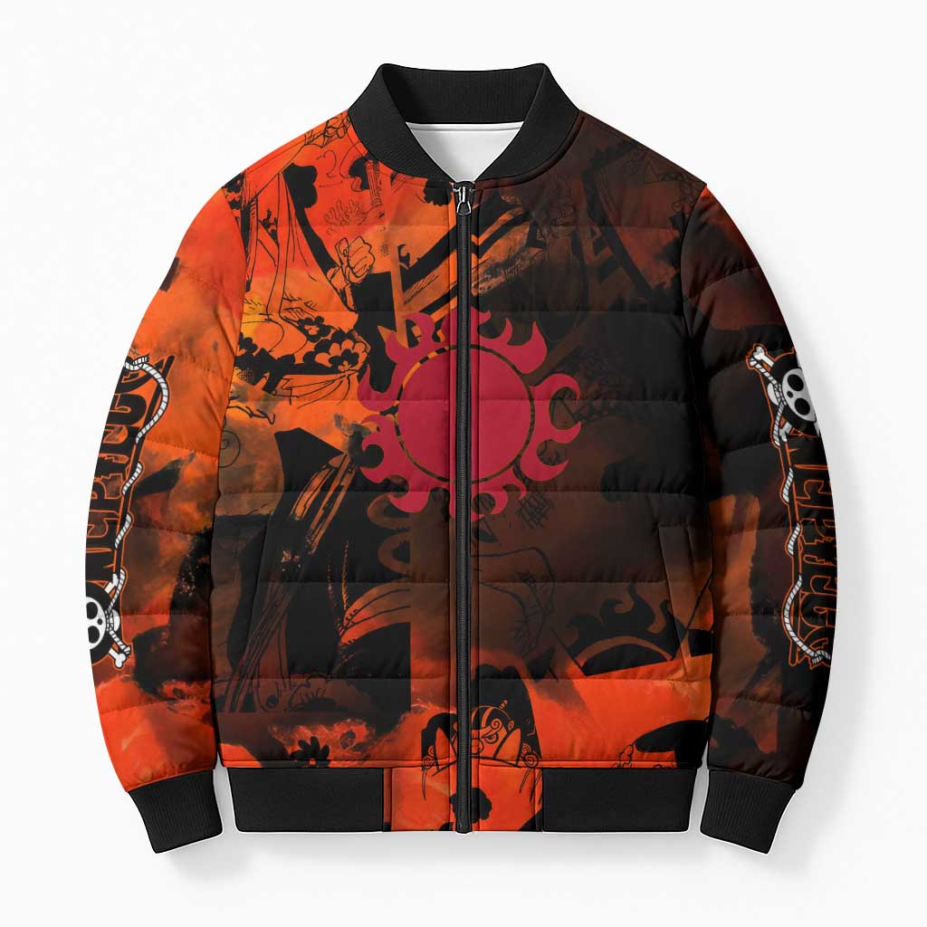 Jinbe One Piece Red and Black Theme Bomber Puffer Jacket with Sun Pirates Emblem and Karate Pose Design - The Mazicc