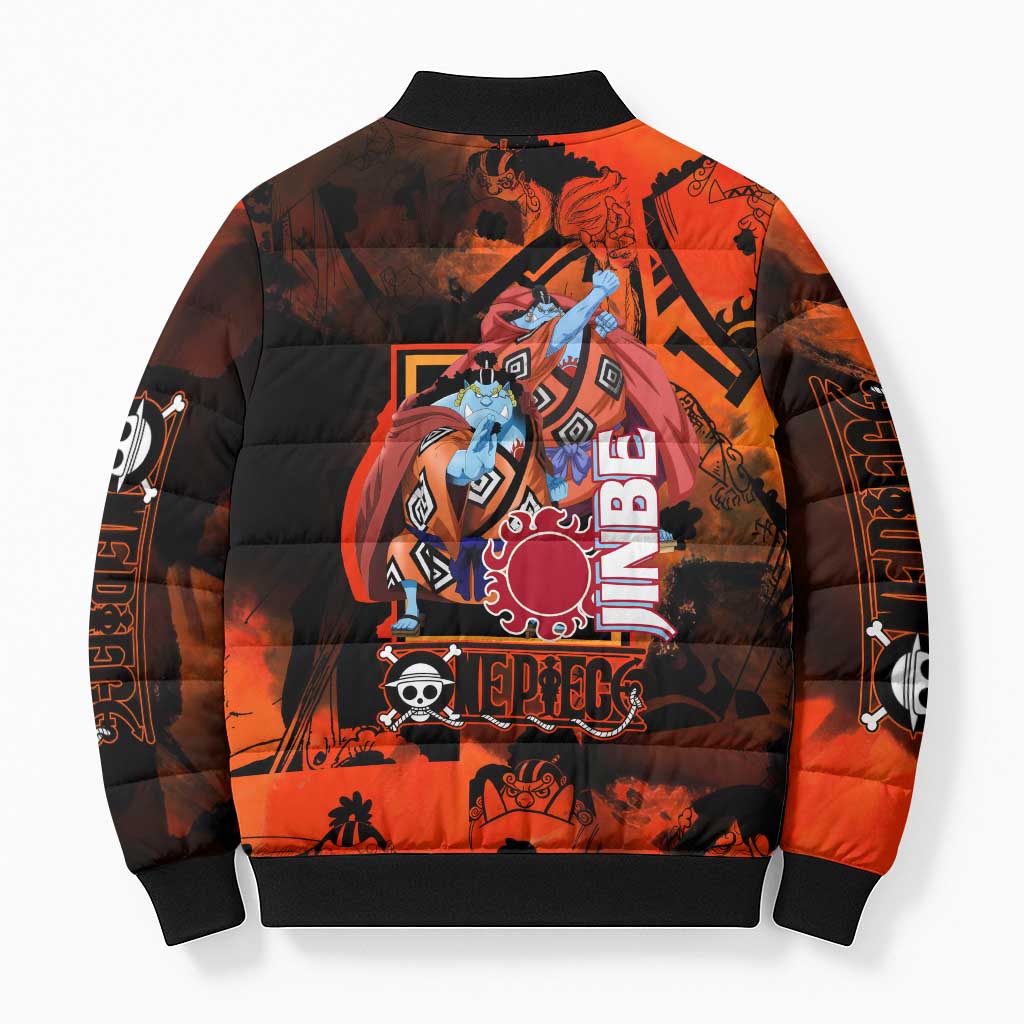 Jinbe One Piece Red and Black Theme Bomber Puffer Jacket with Sun Pirates Emblem and Karate Pose Design - The Mazicc