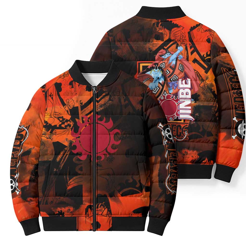 Jinbe One Piece Red and Black Theme Bomber Puffer Jacket with Sun Pirates Emblem and Karate Pose Design - The Mazicc