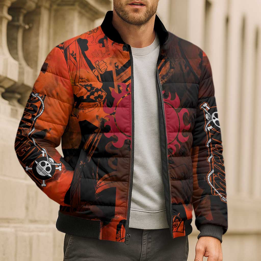 Jinbe One Piece Red and Black Theme Bomber Puffer Jacket with Sun Pirates Emblem and Karate Pose Design - The Mazicc