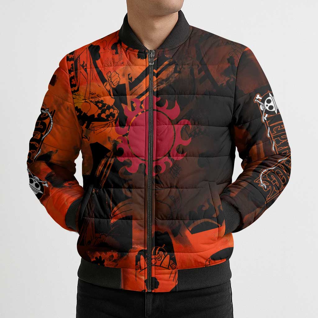 Jinbe One Piece Red and Black Theme Bomber Puffer Jacket with Sun Pirates Emblem and Karate Pose Design - The Mazicc