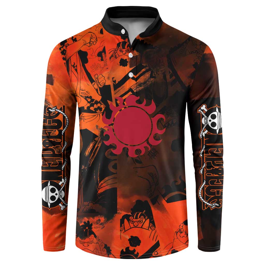 Jinbe One Piece Red and Black Theme Button Sweatshirt with Sun Pirates Emblem and Karate Pose Design - The Mazicc