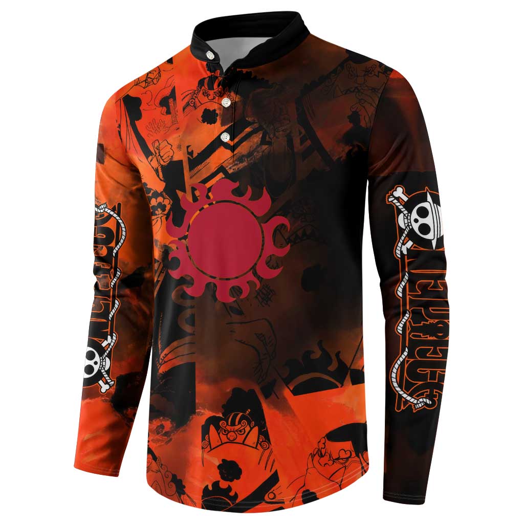 Jinbe One Piece Red and Black Theme Button Sweatshirt with Sun Pirates Emblem and Karate Pose Design - The Mazicc