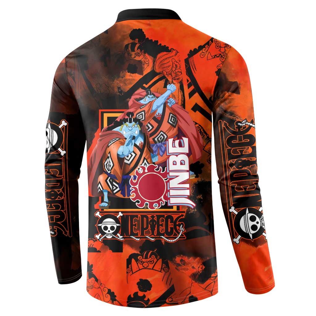 Jinbe One Piece Red and Black Theme Button Sweatshirt with Sun Pirates Emblem and Karate Pose Design - The Mazicc