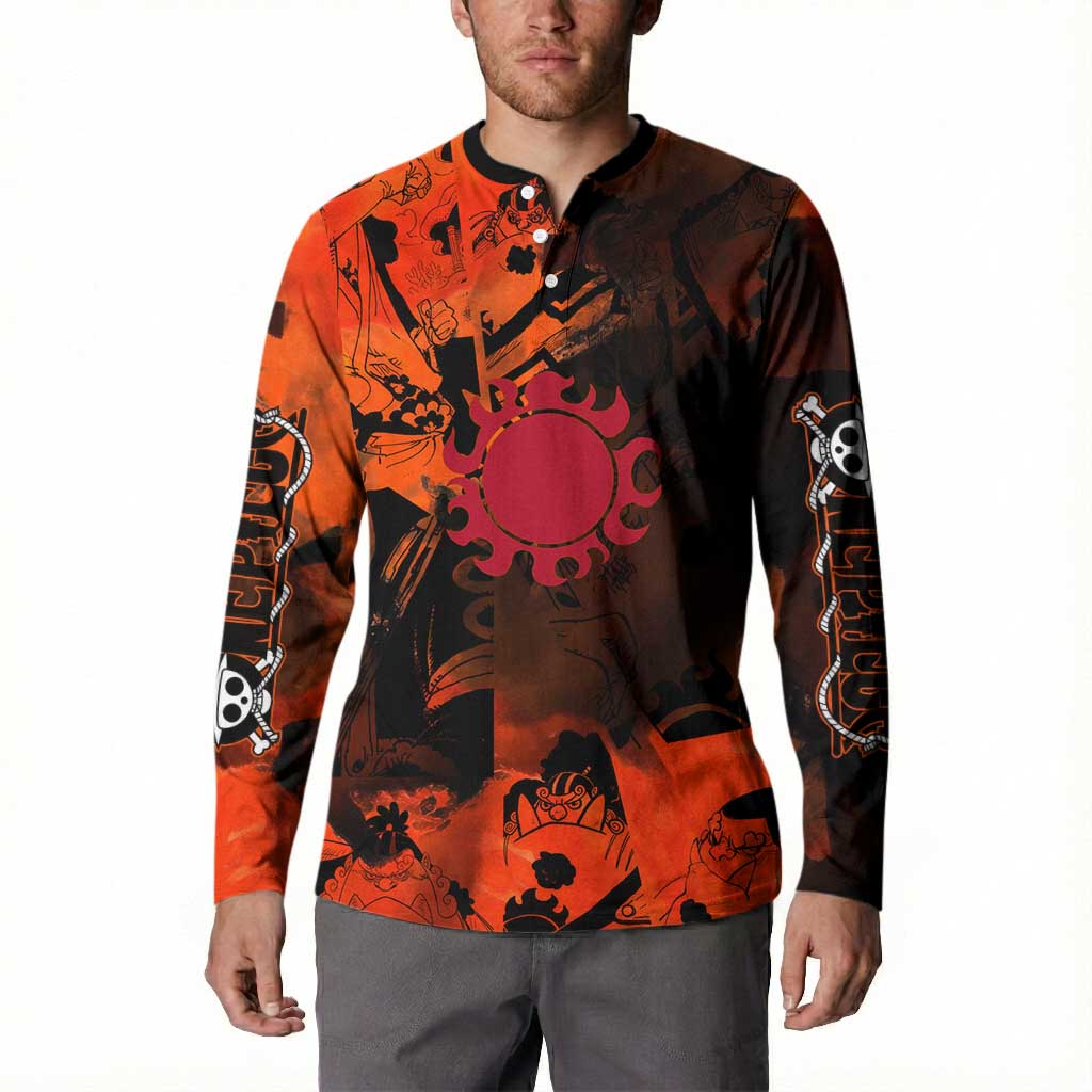 Jinbe One Piece Red and Black Theme Button Sweatshirt with Sun Pirates Emblem and Karate Pose Design - The Mazicc