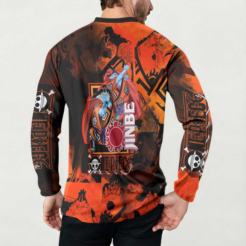 Jinbe One Piece Red and Black Theme Button Sweatshirt with Sun Pirates Emblem and Karate Pose Design - The Mazicc