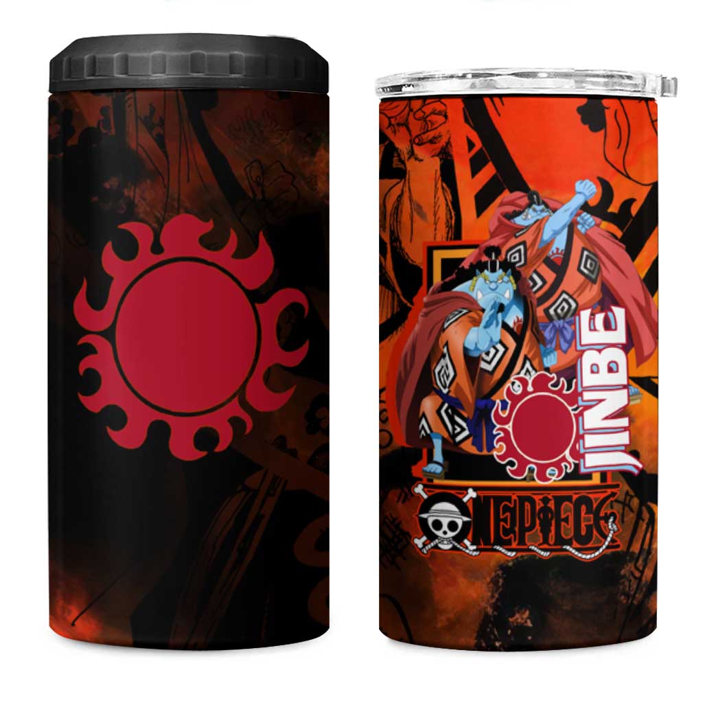 Jinbe One Piece Red and Black Theme 4 in 1 Can Cooler Tumbler with Sun Pirates Emblem and Karate Pose Design - The Mazicc