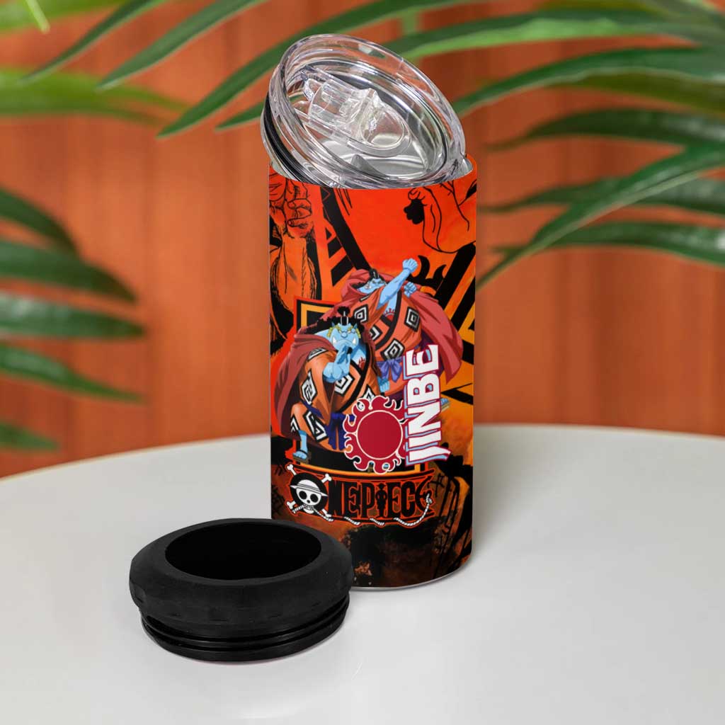 Jinbe One Piece Red and Black Theme 4 in 1 Can Cooler Tumbler with Sun Pirates Emblem and Karate Pose Design - The Mazicc