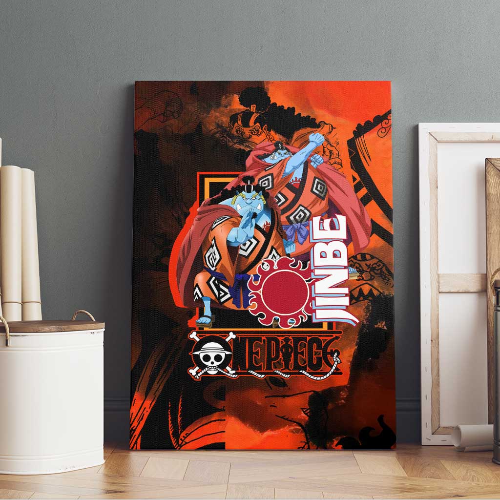 Jinbe One Piece Red and Black Theme Canvas Wall Art with Sun Pirates Emblem and Karate Pose Design - The Mazicc