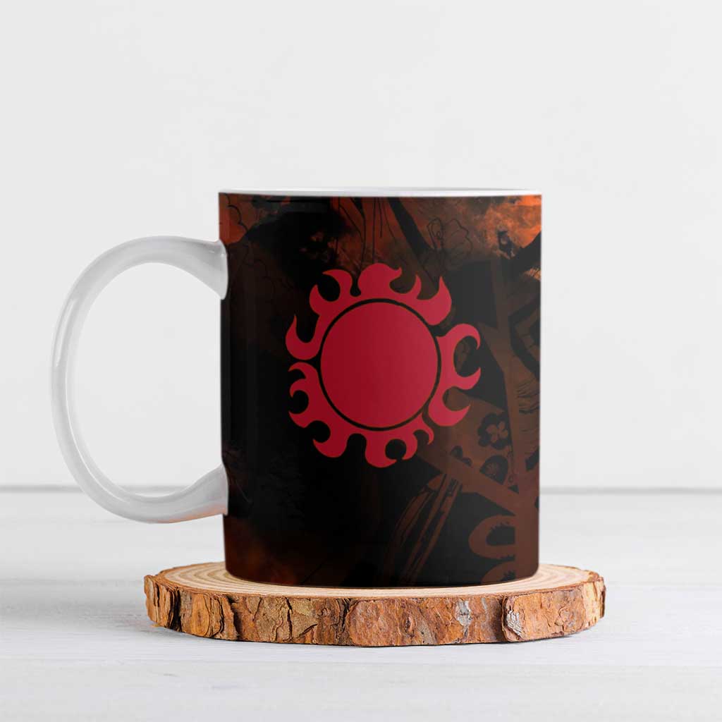 Jinbe One Piece Red and Black Theme Ceramic Mug with Sun Pirates Emblem and Karate Pose Design - The Mazicc