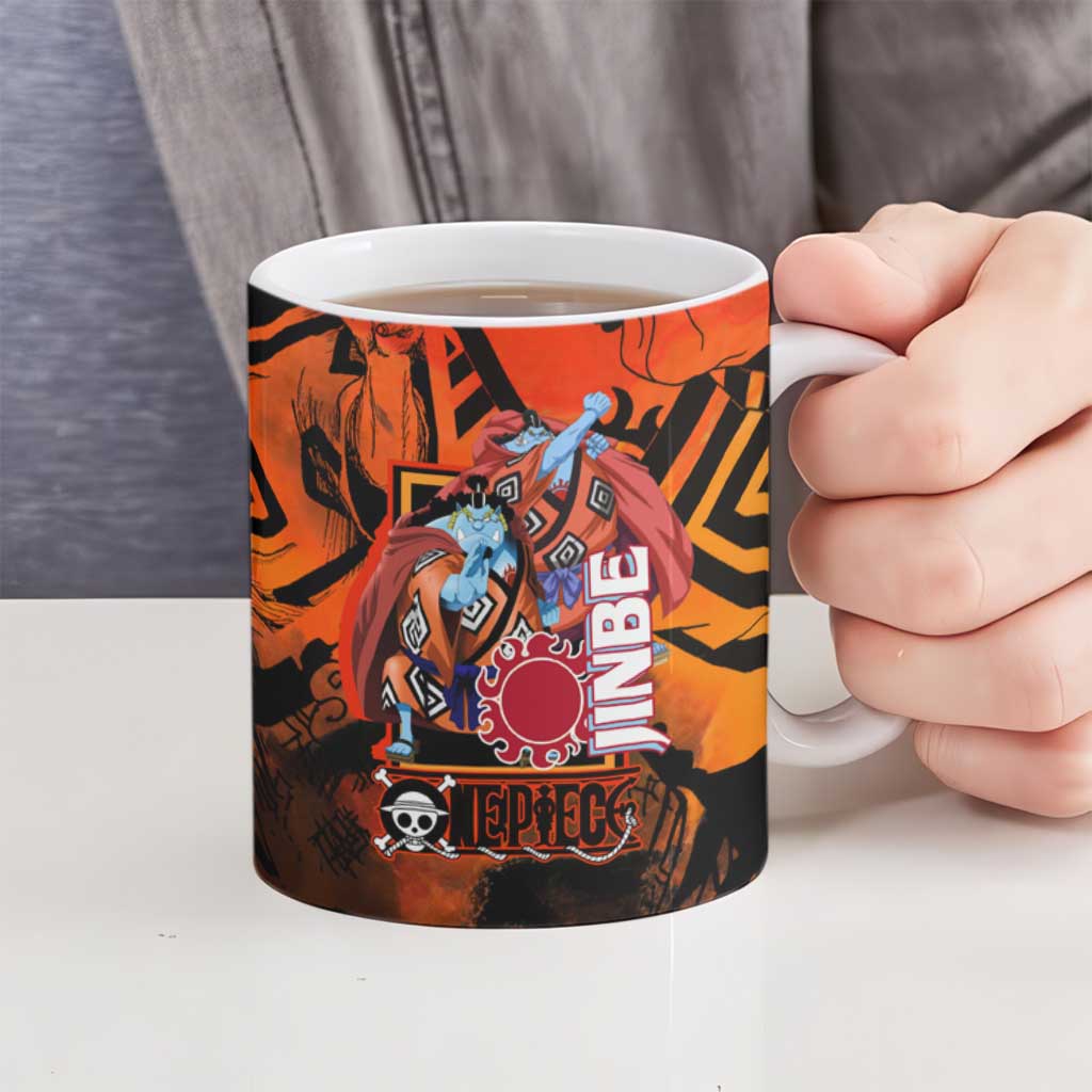 Jinbe One Piece Red and Black Theme Ceramic Mug with Sun Pirates Emblem and Karate Pose Design - The Mazicc