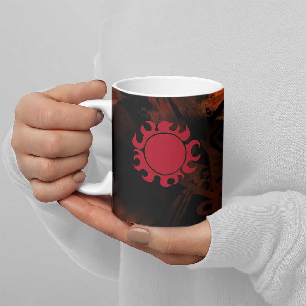 Jinbe One Piece Red and Black Theme Ceramic Mug with Sun Pirates Emblem and Karate Pose Design - The Mazicc
