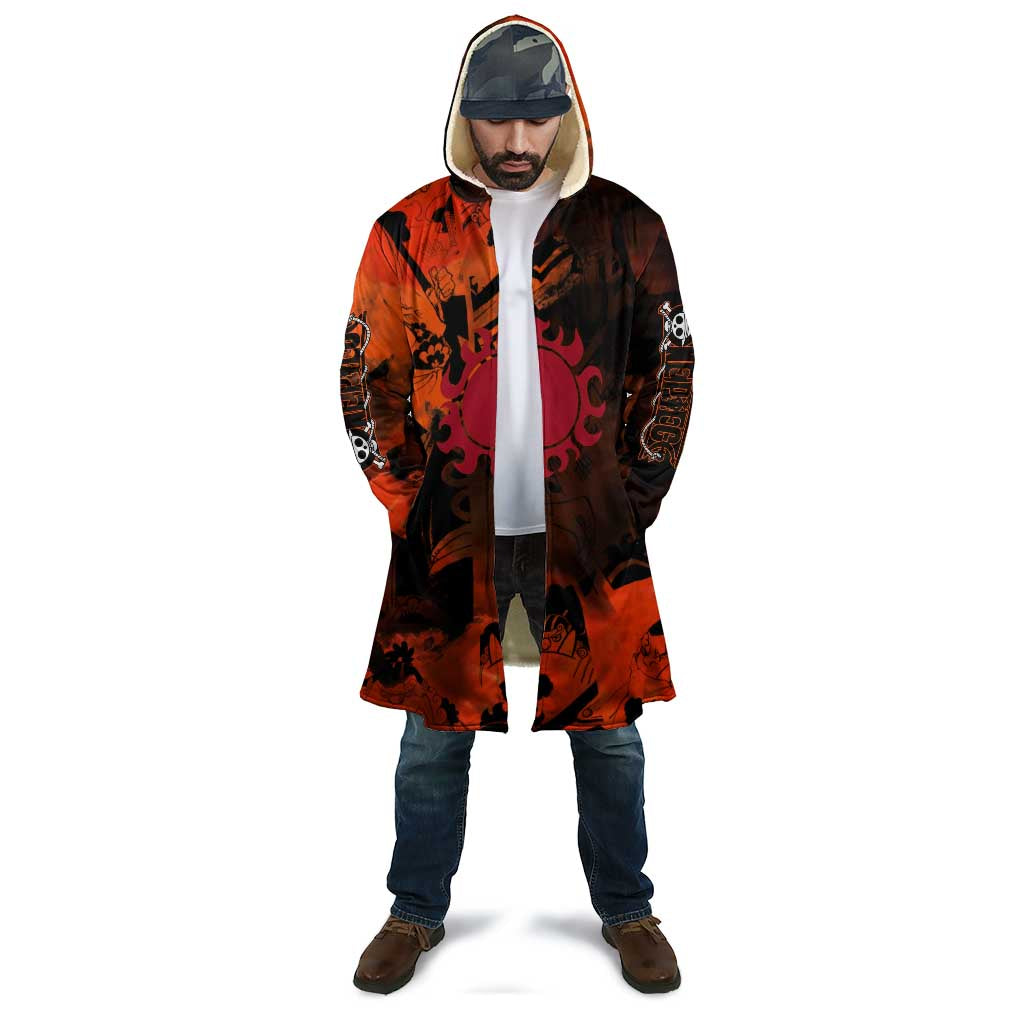 Jinbe One Piece Red and Black Theme Cloak with Sun Pirates Emblem and Karate Pose Design - The Mazicc