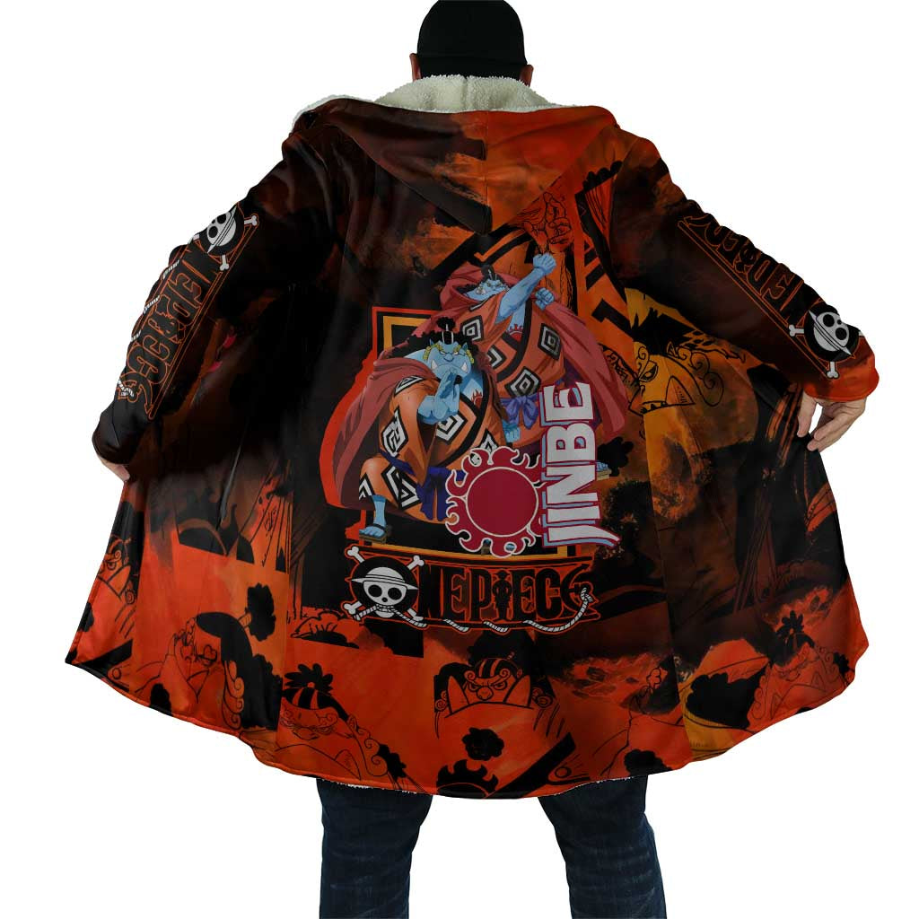 Jinbe One Piece Red and Black Theme Cloak with Sun Pirates Emblem and Karate Pose Design - The Mazicc