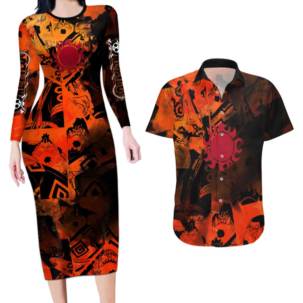 Jinbe One Piece Red and Black Theme Couples Matching Long Sleeve Bodycon Dress and Hawaiian Shirt with Sun Pirates Emblem and Karate Pose Design - The Mazicc