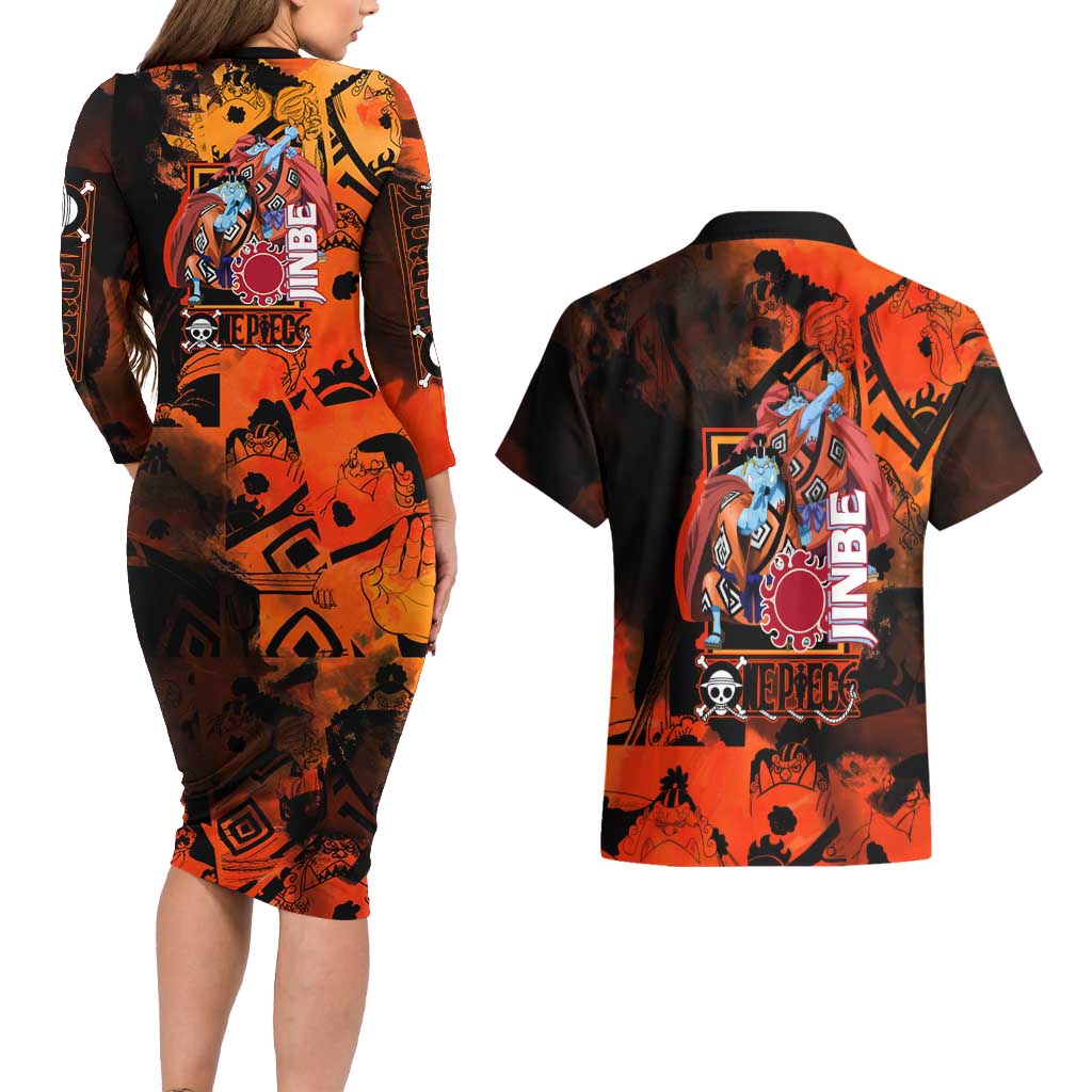 Jinbe One Piece Red and Black Theme Couples Matching Long Sleeve Bodycon Dress and Hawaiian Shirt with Sun Pirates Emblem and Karate Pose Design - The Mazicc