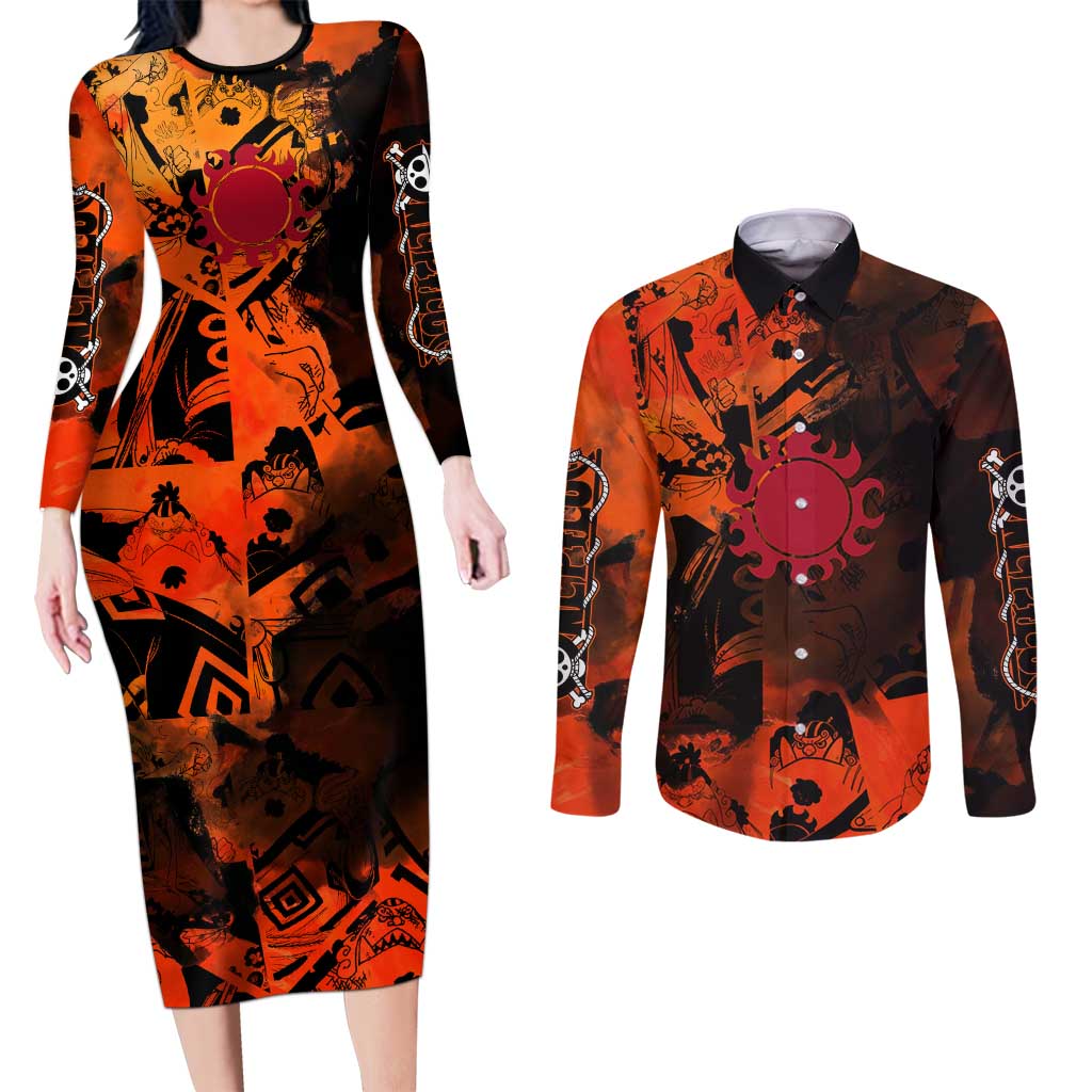 Jinbe One Piece Red and Black Theme Couples Matching Long Sleeve Bodycon Dress and Long Sleeve Button Shirt with Sun Pirates Emblem and Karate Pose Design - The Mazicc
