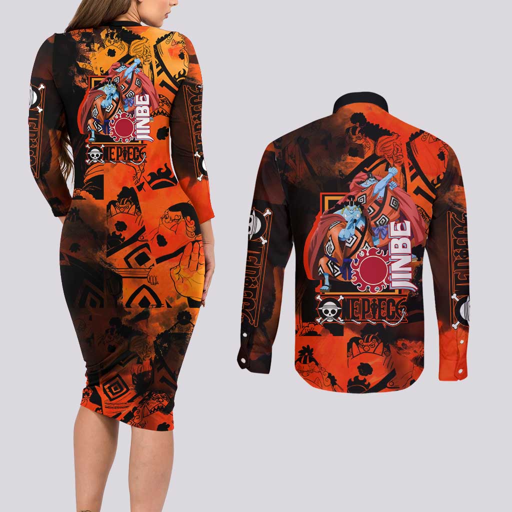 Jinbe One Piece Red and Black Theme Couples Matching Long Sleeve Bodycon Dress and Long Sleeve Button Shirt with Sun Pirates Emblem and Karate Pose Design - The Mazicc