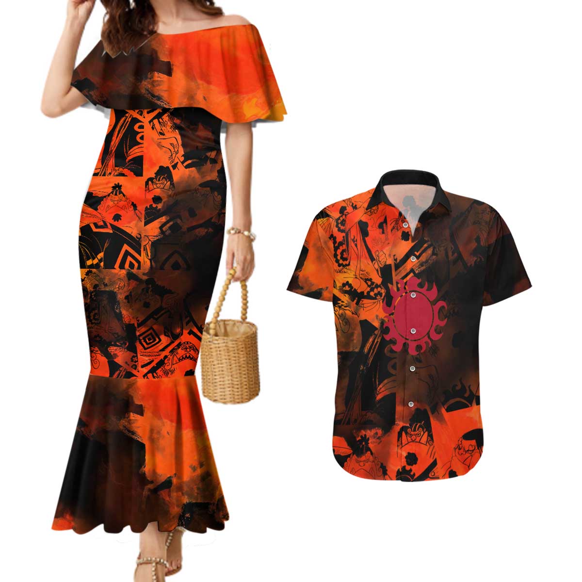 Jinbe One Piece Red and Black Theme Couples Matching Mermaid Dress and Hawaiian Shirt with Sun Pirates Emblem and Karate Pose Design - The Mazicc
