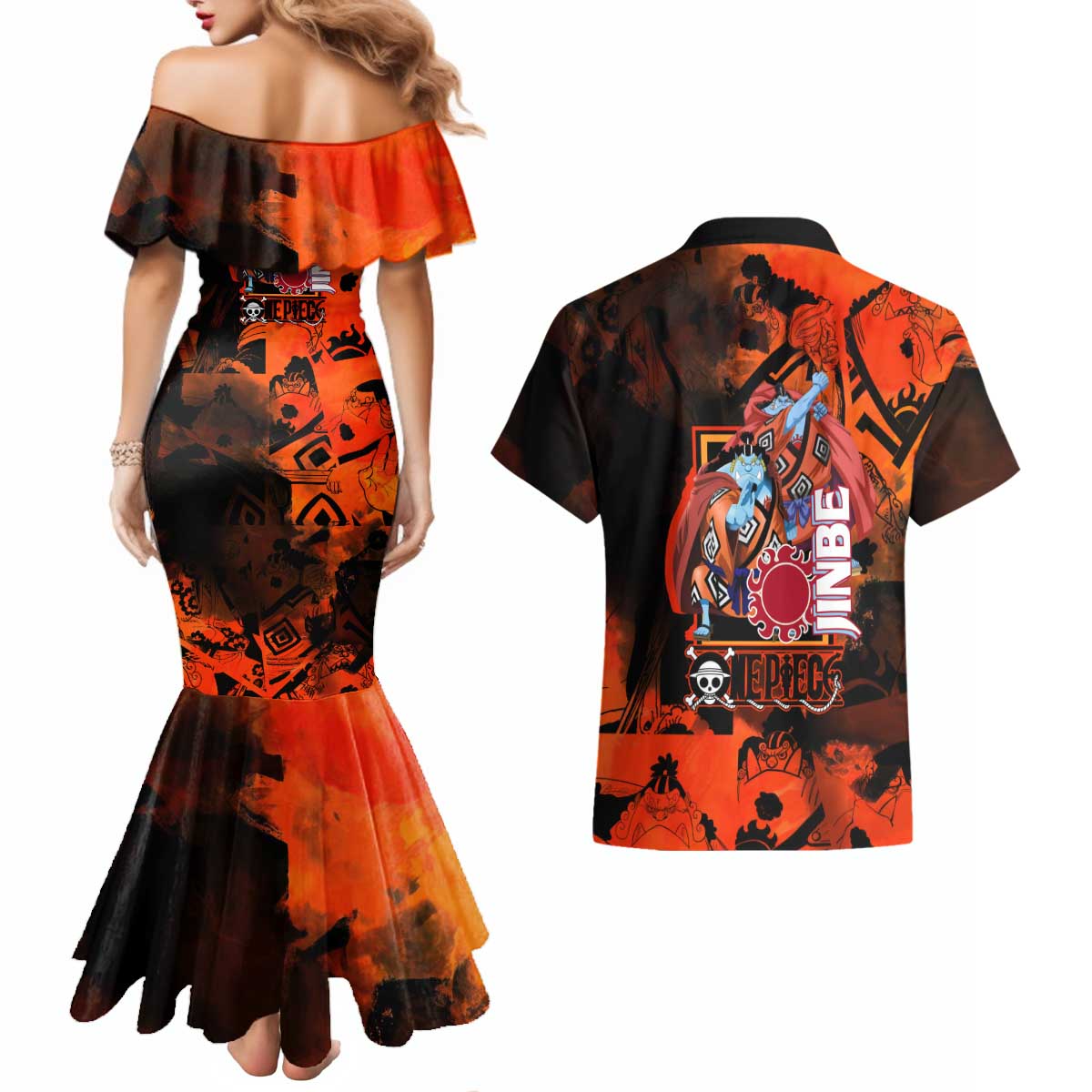 Jinbe One Piece Red and Black Theme Couples Matching Mermaid Dress and Hawaiian Shirt with Sun Pirates Emblem and Karate Pose Design - The Mazicc