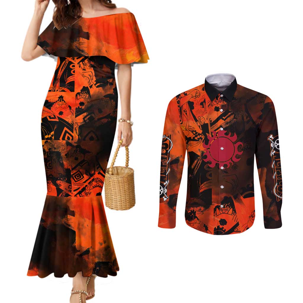 Jinbe One Piece Red and Black Theme Couples Matching Mermaid Dress and Long Sleeve Button Shirt with Sun Pirates Emblem and Karate Pose Design - The Mazicc