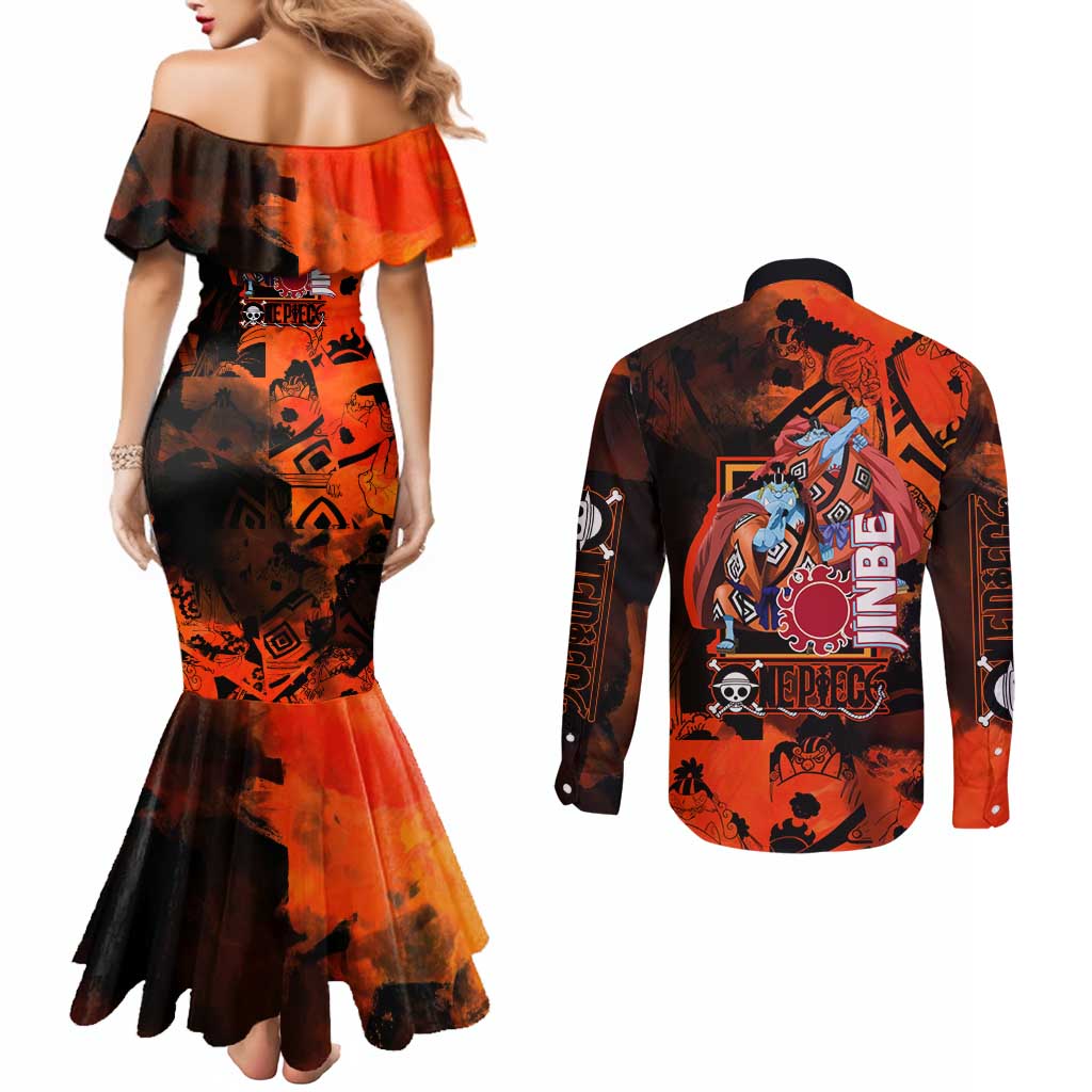Jinbe One Piece Red and Black Theme Couples Matching Mermaid Dress and Long Sleeve Button Shirt with Sun Pirates Emblem and Karate Pose Design - The Mazicc