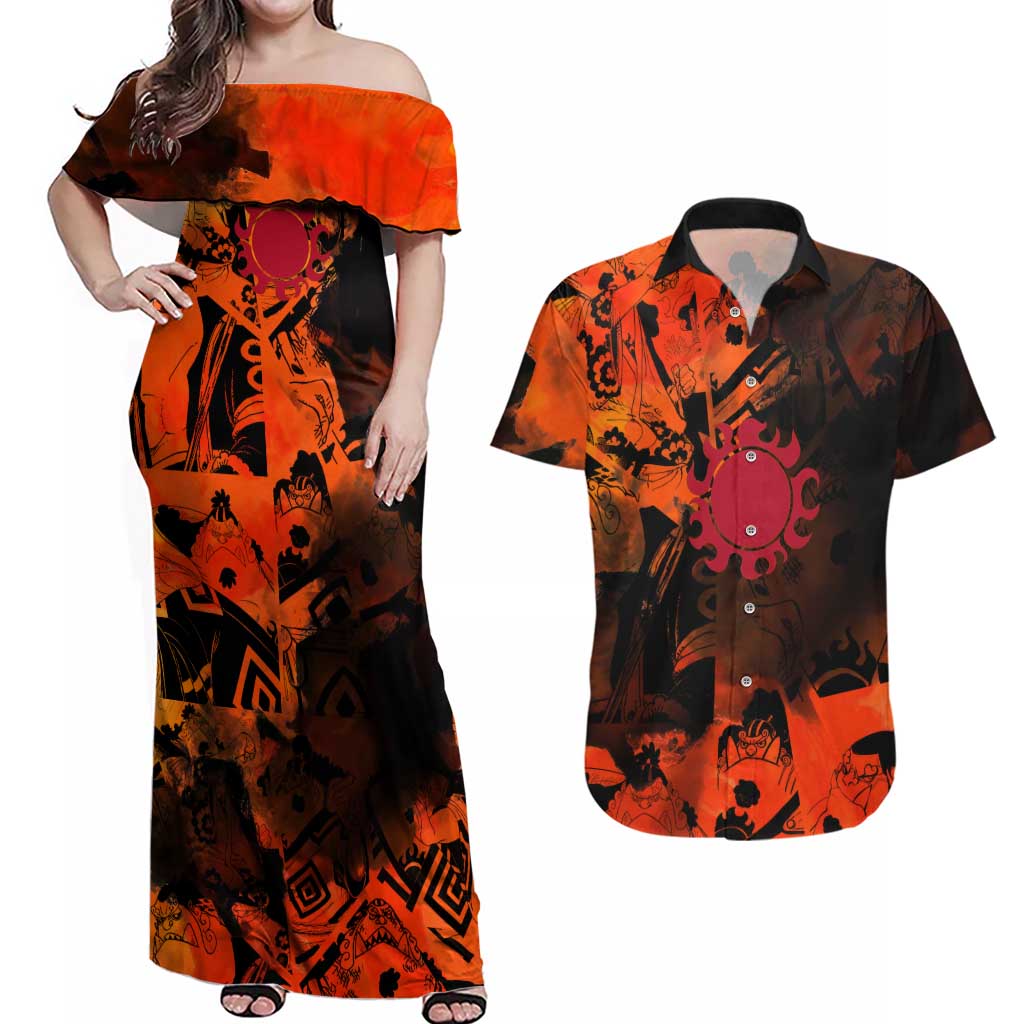 Jinbe One Piece Red and Black Theme Couples Matching Off Shoulder Maxi Dress and Hawaiian Shirt with Sun Pirates Emblem and Karate Pose Design - The Mazicc