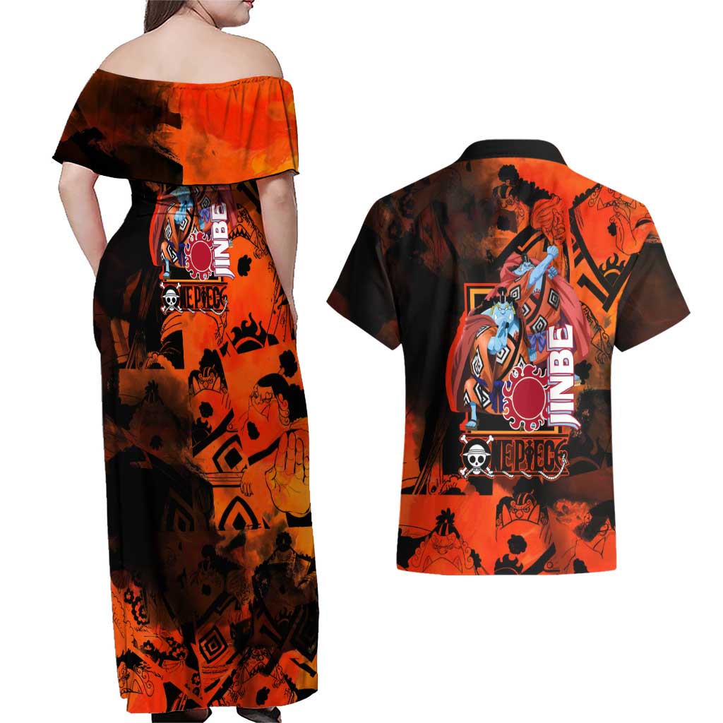 Jinbe One Piece Red and Black Theme Couples Matching Off Shoulder Maxi Dress and Hawaiian Shirt with Sun Pirates Emblem and Karate Pose Design - The Mazicc