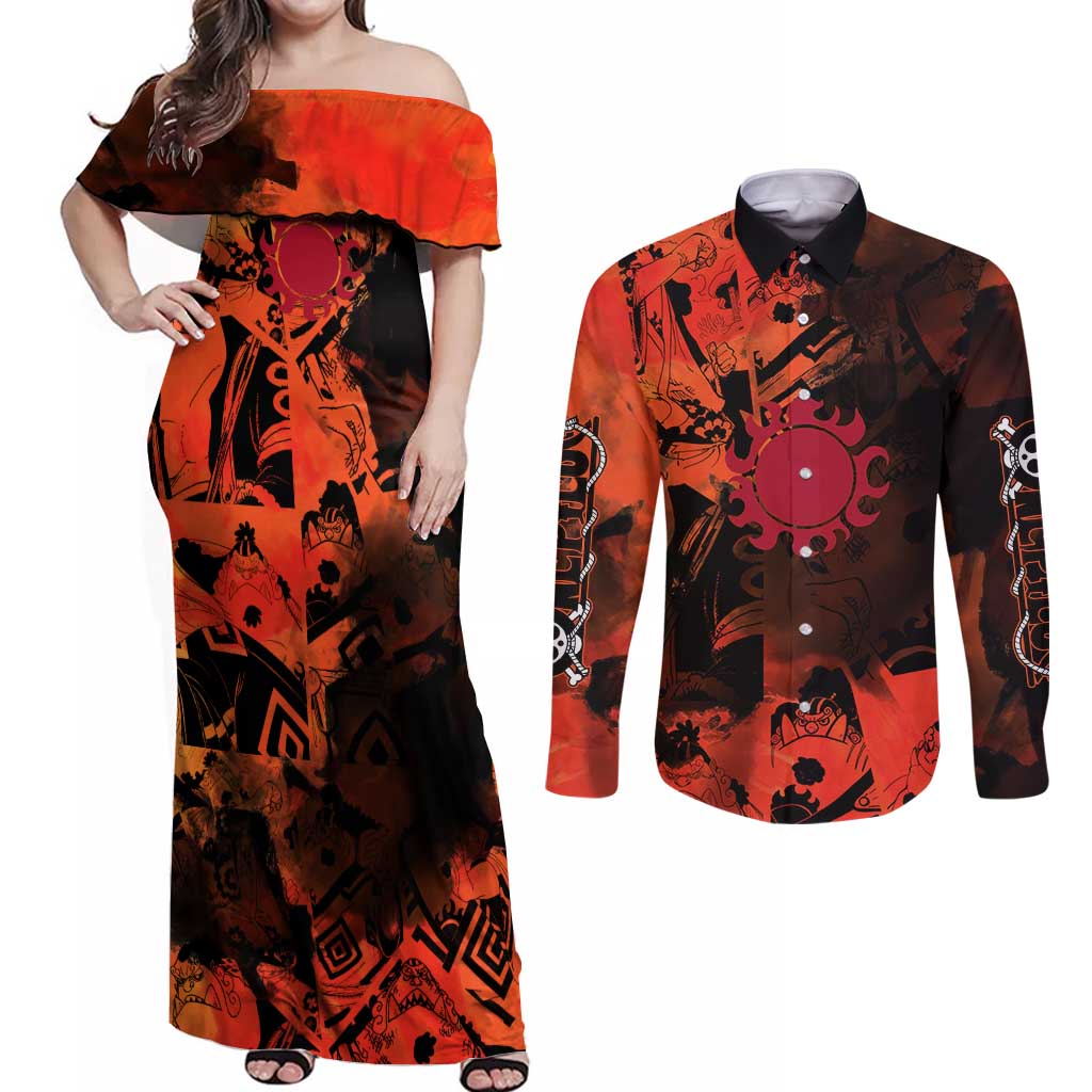 Jinbe One Piece Red and Black Theme Couples Matching Off Shoulder Maxi Dress and Long Sleeve Button Shirt with Sun Pirates Emblem and Karate Pose Design - The Mazicc
