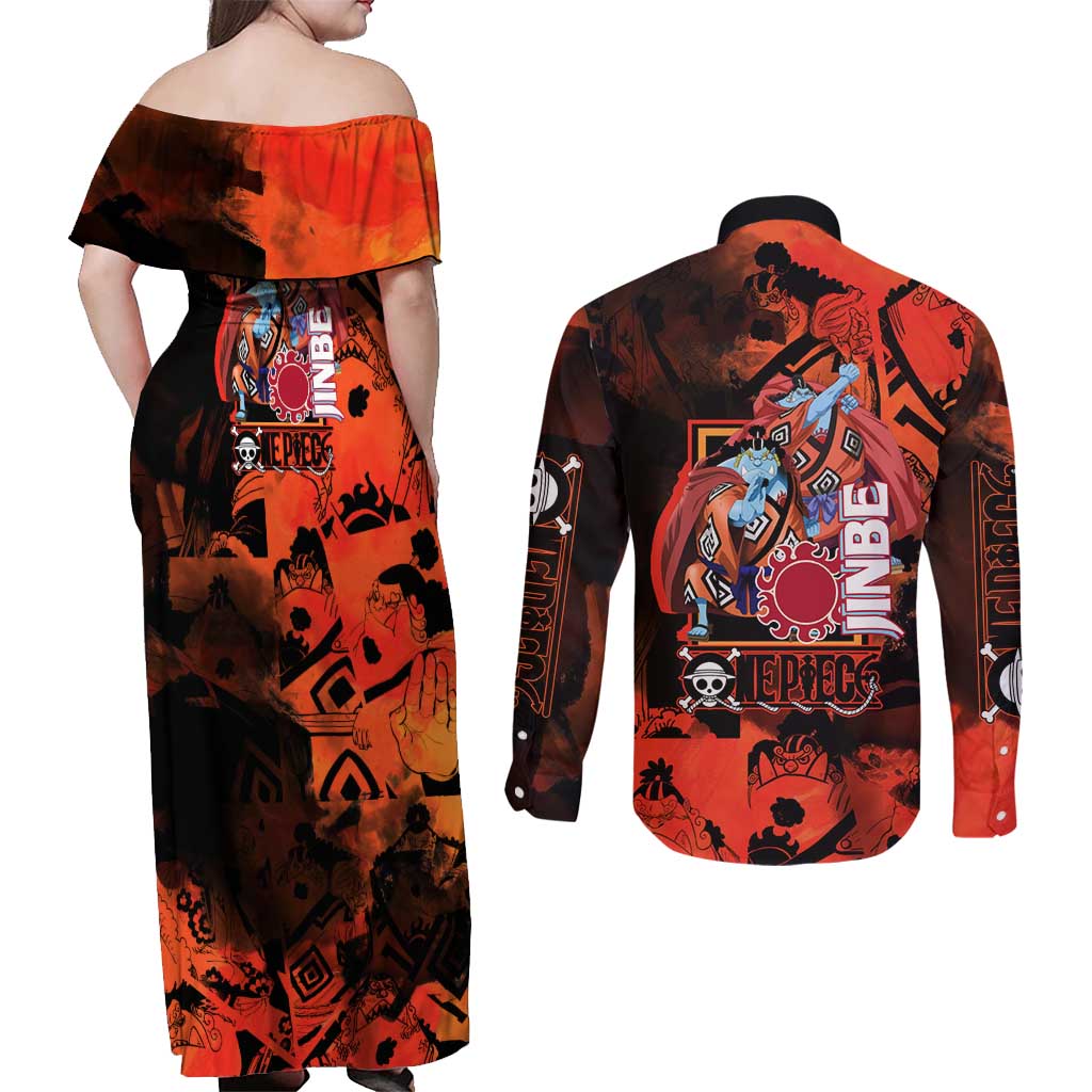 Jinbe One Piece Red and Black Theme Couples Matching Off Shoulder Maxi Dress and Long Sleeve Button Shirt with Sun Pirates Emblem and Karate Pose Design - The Mazicc
