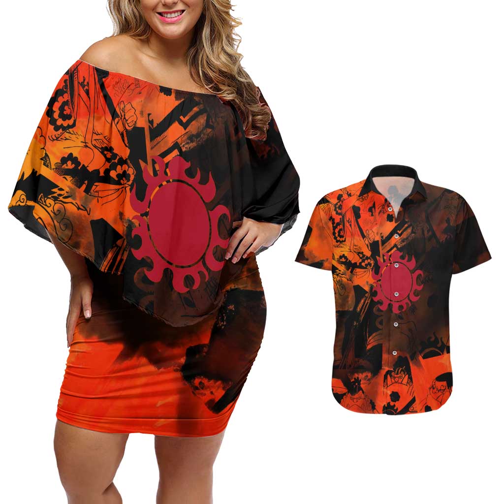 Jinbe One Piece Red and Black Theme Couples Matching Off Shoulder Short Dress and Hawaiian Shirt with Sun Pirates Emblem and Karate Pose Design - The Mazicc