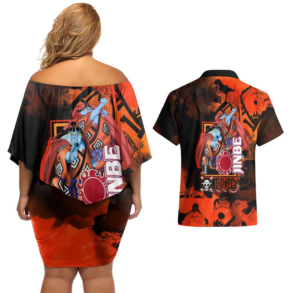 Jinbe One Piece Red and Black Theme Couples Matching Off Shoulder Short Dress and Hawaiian Shirt with Sun Pirates Emblem and Karate Pose Design - The Mazicc