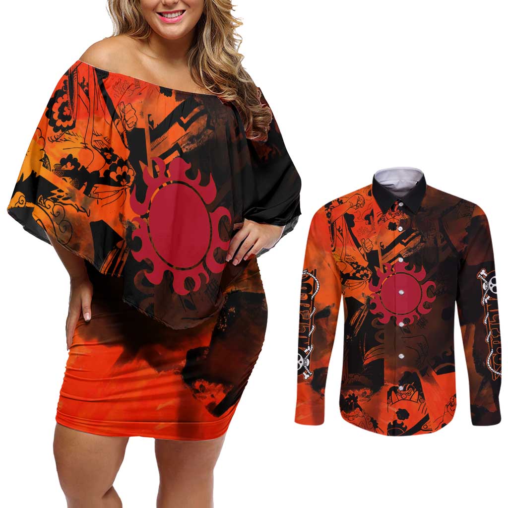 Jinbe One Piece Red and Black Theme Couples Matching Off Shoulder Short Dress and Long Sleeve Button Shirt with Sun Pirates Emblem and Karate Pose Design - The Mazicc