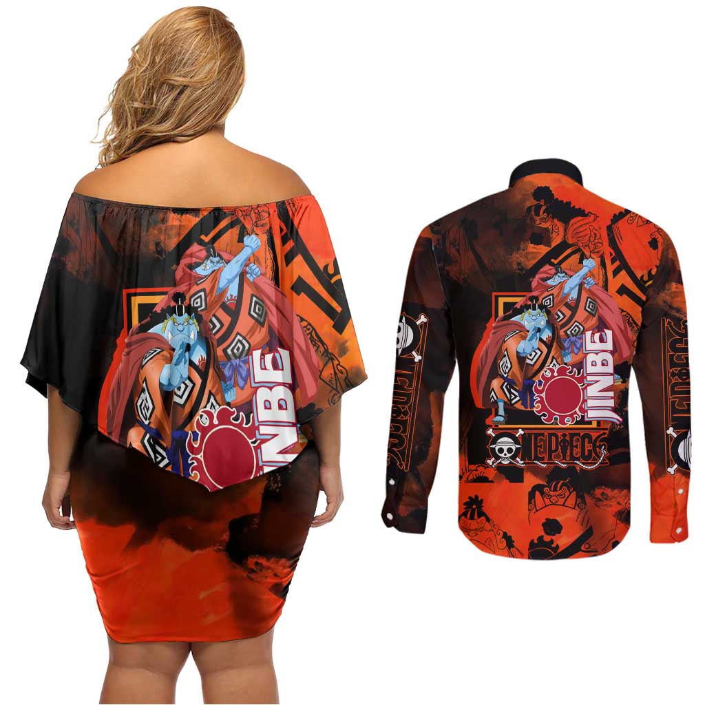 Jinbe One Piece Red and Black Theme Couples Matching Off Shoulder Short Dress and Long Sleeve Button Shirt with Sun Pirates Emblem and Karate Pose Design - The Mazicc